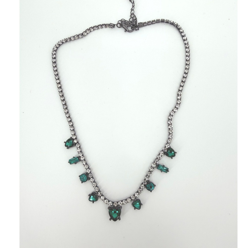 Emerald Green Crystal Gunmetal Tennis Necklace Heart Baguette Charm Drop